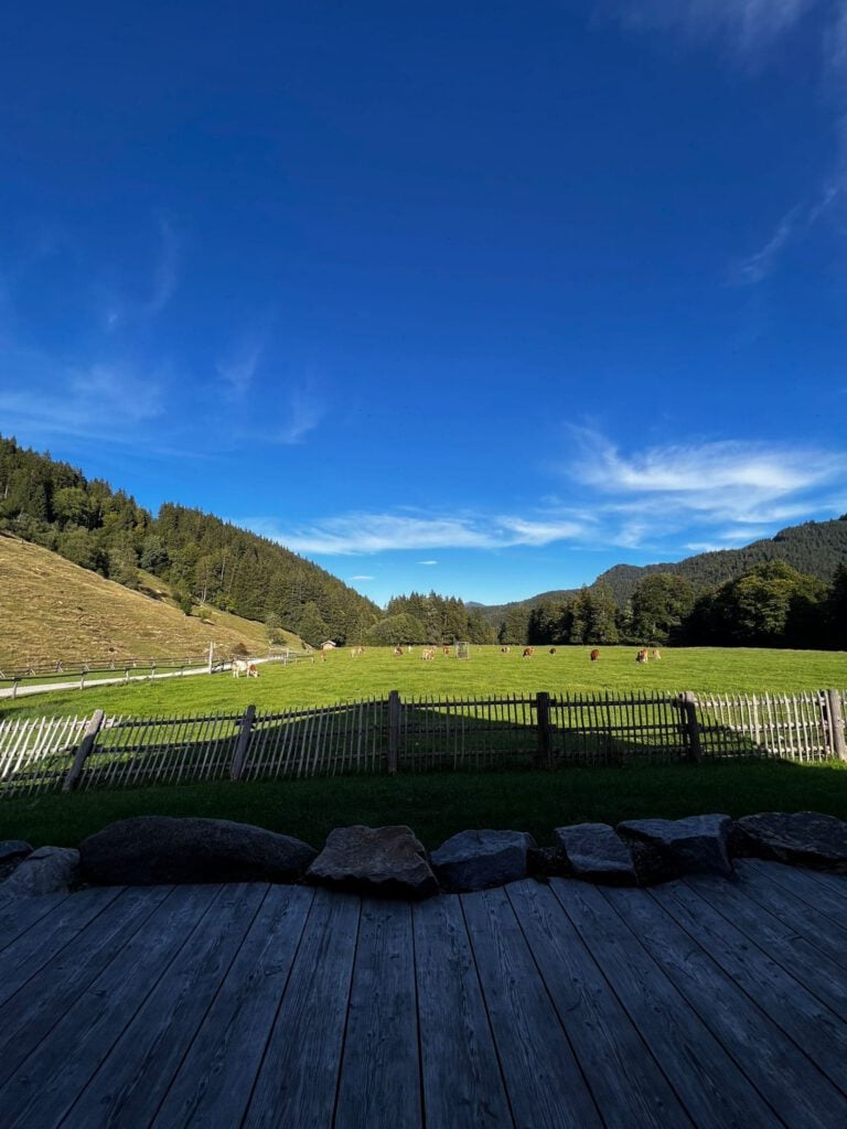 Berglandschaft mit grünem Feld und blauem Himmel bei PURA Erlebnismanufaktur.