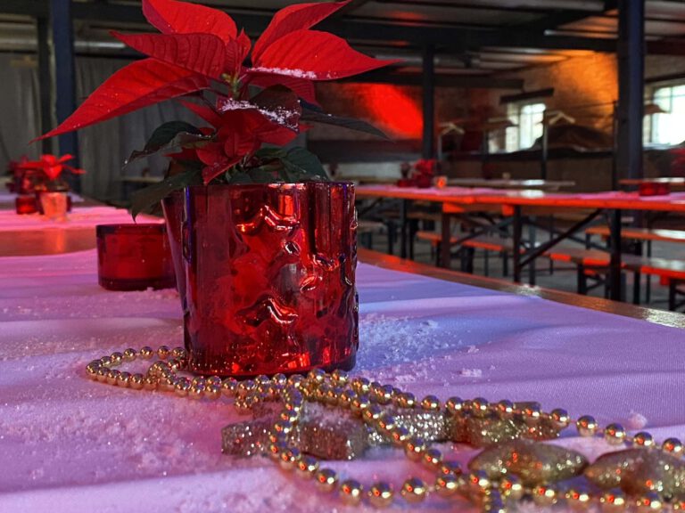 Festliche Weihnachtsdeko mit Poinsettia und Perlen auf Tisch.