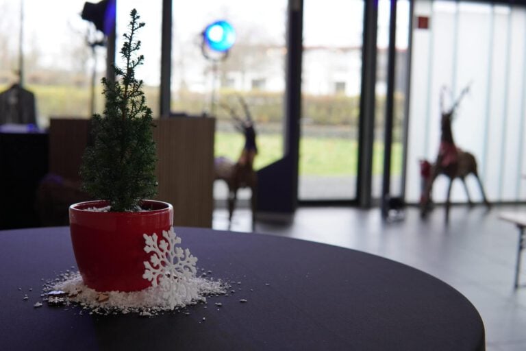 Kleiner Weihnachtsbaum in roter Topf mit Schneeflocken-Dekor.